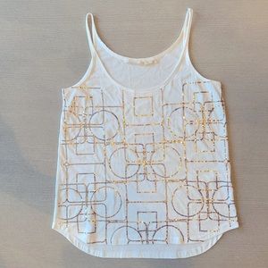 Dorothee Schumacher Tank Top, white with gold sequin geo design. M/L, 100%cotton